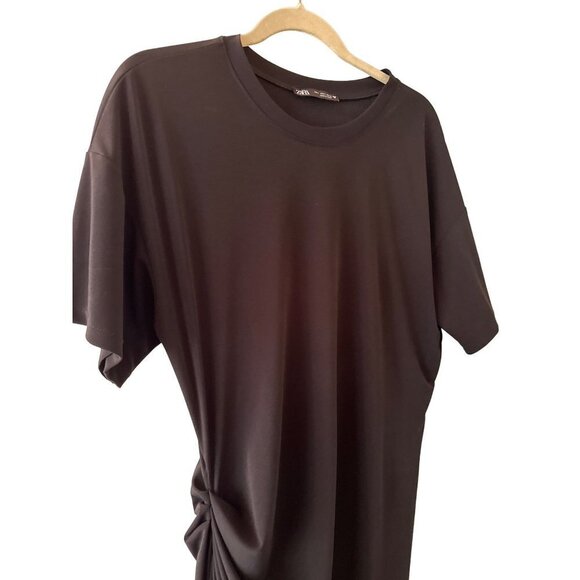 Zara Black Side Gathered Ruched Maxi Dress Short Sleeve Size Large - Picture 3 of 7